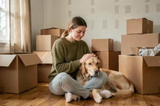 Femme assise sur un parquet entourée de cartons de déménagement, caressant son golden retriever pour le rassurer avant un changement de logement