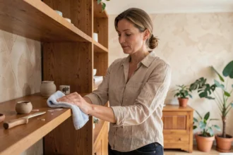Femme essuyant une étagère en bois avec un chiffon microfibre pour limiter la poussière à la maison