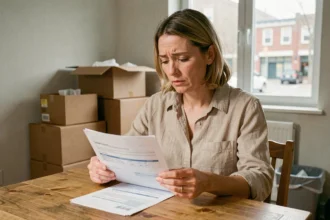 Femme consultant ses contrats d'énergie à une table entourée de cartons lors d'un déménagement