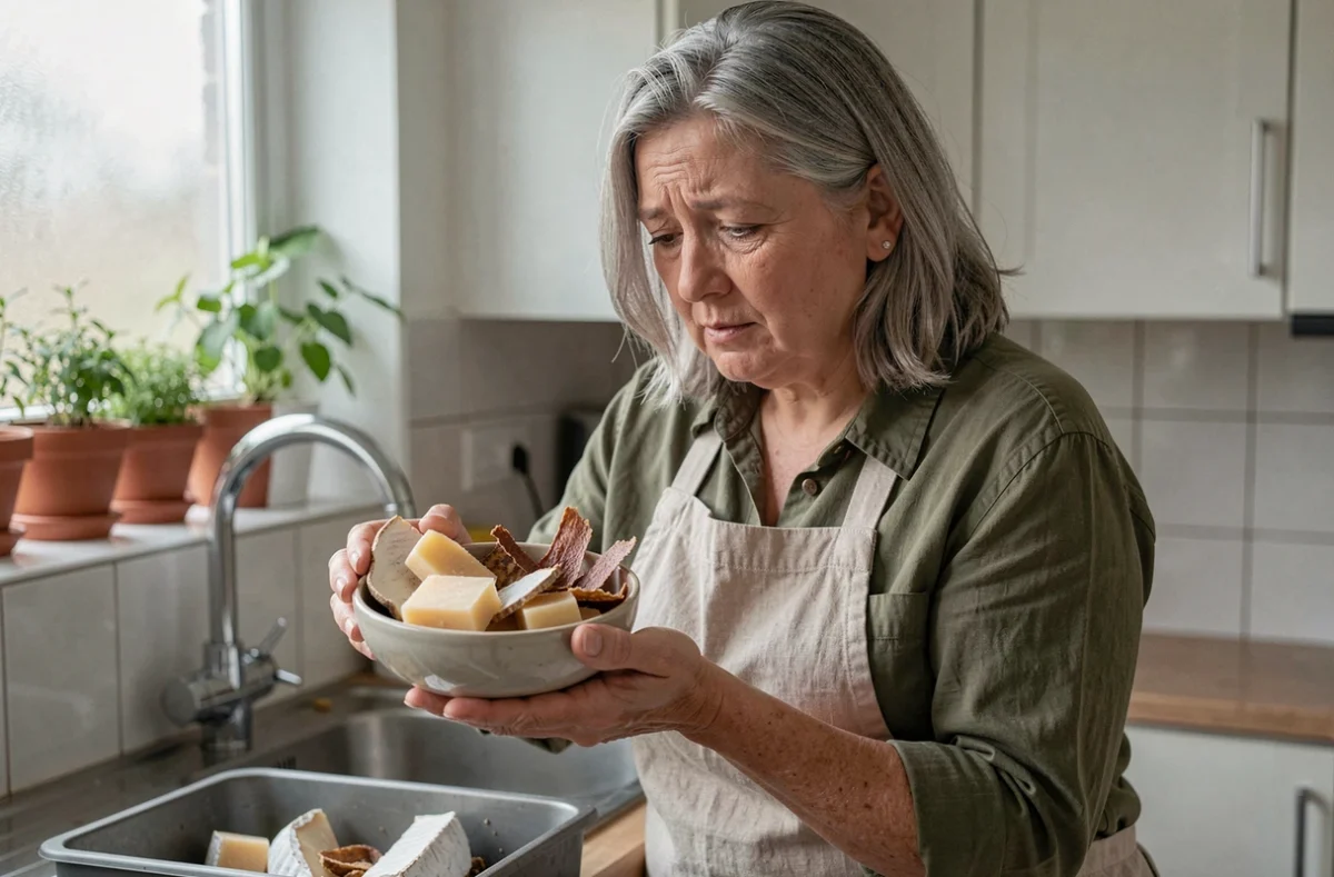 Femme tenant un bol de croûtes de fromage au-dessus d'un composteur de cuisine, hésitant à les composter