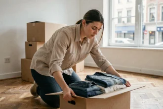 Femme déballant des cartons dans un appartement vide lors d'un déménagement