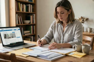 Femme préparant ses démarches administratives avant un déménagement, entourée de documents officiels et d'un ordinateur portable ouvert