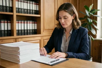 Femme examinant des documents de copropriété dans un bureau de notaire parisien lors d'un achat immobilier