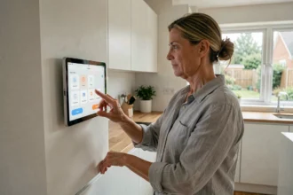 Femme utilisant un tableau de bord domotique dans une cuisine connectée moderne pour gérer la consommation énergétique de son foyer