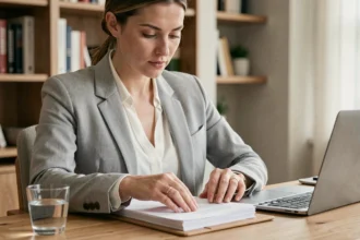 Femme organisant un dossier de location sur un bureau en bois dans un bureau à domicile moderne