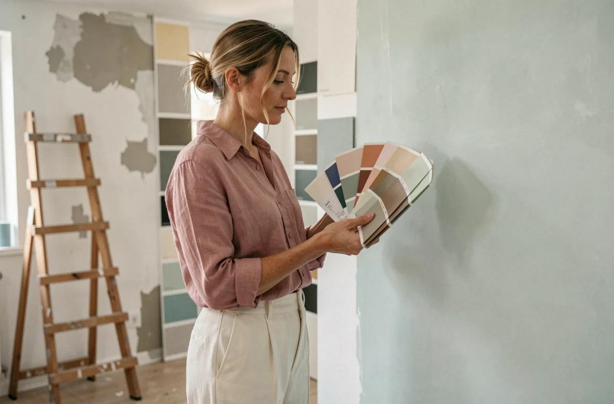 Femme comparant des échantillons de peinture aux tons apaisants dans un séjour en cours de rénovation