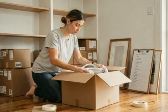 Femme qui emballe soigneusement de la vaisselle dans des cartons lors d'un déménagement organisé