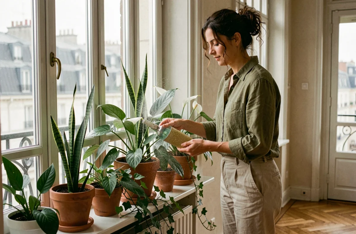 Femme brumisant ses plantes vertes sur un rebord de fenêtre dans un appartement parisien style haussmannien