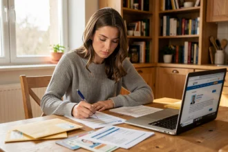 Femme remplissant des formulaires administratifs lors d'un changement d'adresse à domicile
