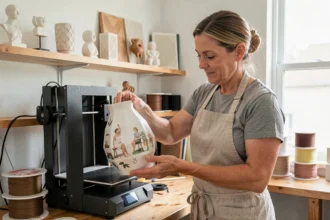 Femme retirant un vase géométrique imprimé en 3D d'une imprimante FDM dans un atelier maison avec des objets décoratifs sur des étagères en bois