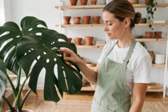 Femme inspectant les feuilles d'un monstera pour évaluer la santé de la plante dans un salon scandinave