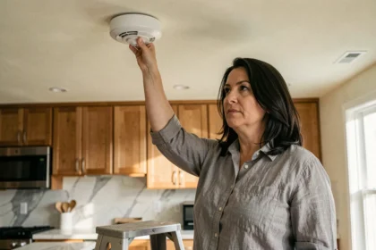 Femme installant un détecteur de fumée au plafond de sa cuisine pour sécuriser son domicile