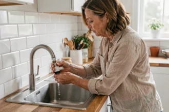 Femme installant un économiseur d'eau sur un robinet de cuisine pour réduire sa consommation d'eau