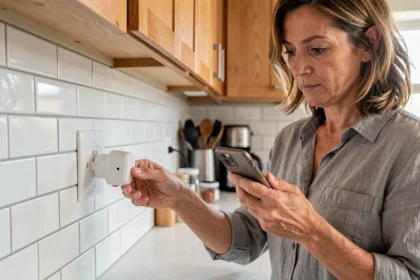Femme installant une prise électrique intelligente dans une cuisine moderne tout en consultant son smartphone