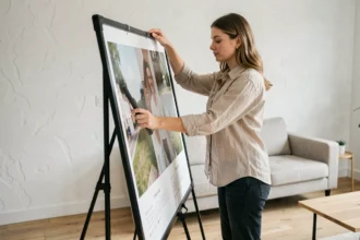 Femme installant une affiche dans un chevalet métallique noir dans un salon moderne au sol en bois clair