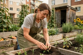 Femme d'une cinquantaine d'années qui jardine dans un jardin partagé urbain entre des immeubles résidentiels, les mains dans la terre autour de plants de tomates