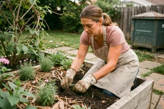 Femme débutante en permaculture plantant des semis dans un jardin en lasagnes avec du paillis et des herbes aromatiques