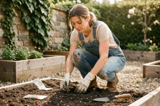 Femme jardinière semant des graines de fleurs mellifères dans un parterre de jardin en plein air