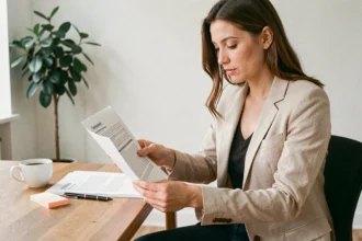 Femme lisant attentivement un bail de location avant de signer, assise à un bureau en bois dans un appartement moderne