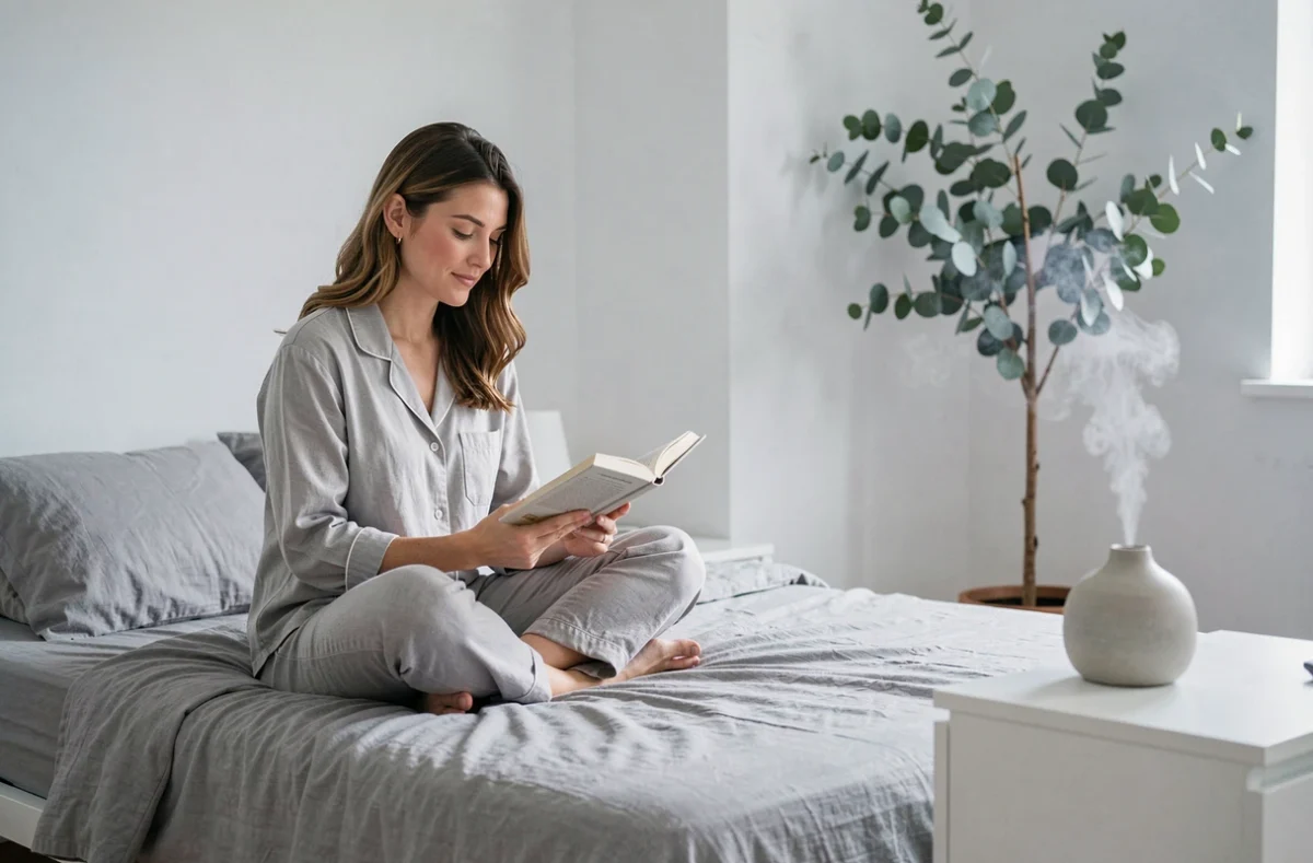 Femme en pyjama lisant sur son lit avec un diffuseur céramique placé à un mètre sur une commode dans une chambre scandinave minimaliste