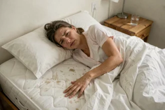 Femme allongée dans un lit humide paraissant inconfortable, illustrant les risques de dormir sur un matelas mouillé