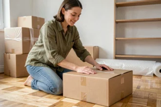 Femme pliant et aplatissant des cartons de déménagement dans un salon après un emménagement