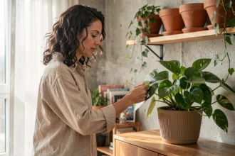 Femme prenant soin d'un pothos dépolluant dans un salon scandinave avec des plantes d'intérieur sur une commode en bois