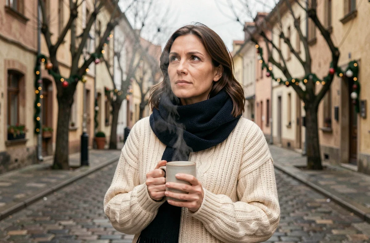 Femme en pull en laine tenant une tasse fumante dans une rue pavée hivernale, atmosphère chaleureuse de l'hiver