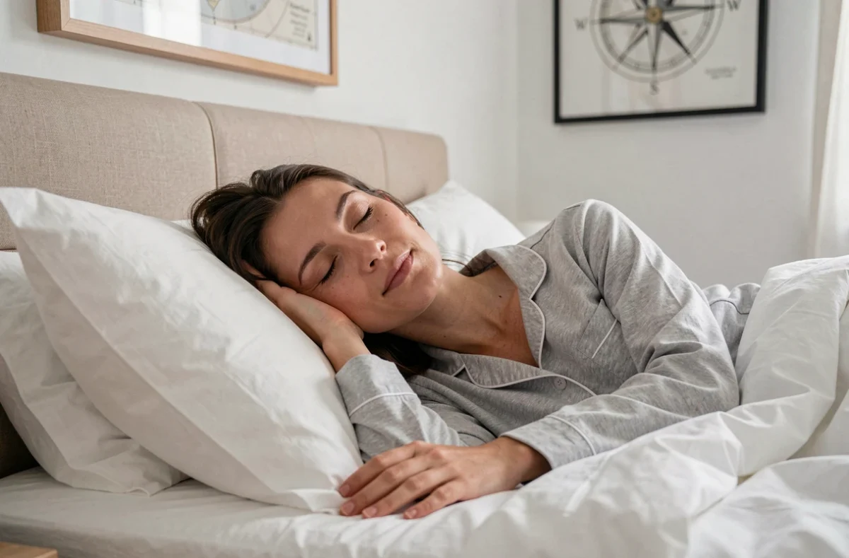 Femme dormant paisiblement avec la tête bien positionnée contre la tête de lit