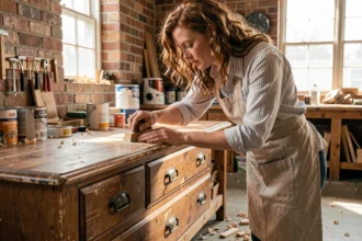 Femme restaurant une commode vintage en bois dans un atelier artisanal, illustrant la récupération de meubles recyclés