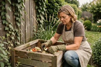 Femme aménageant une zone de compostage en bois discrète au fond de son jardin, entourée de végétation dense
