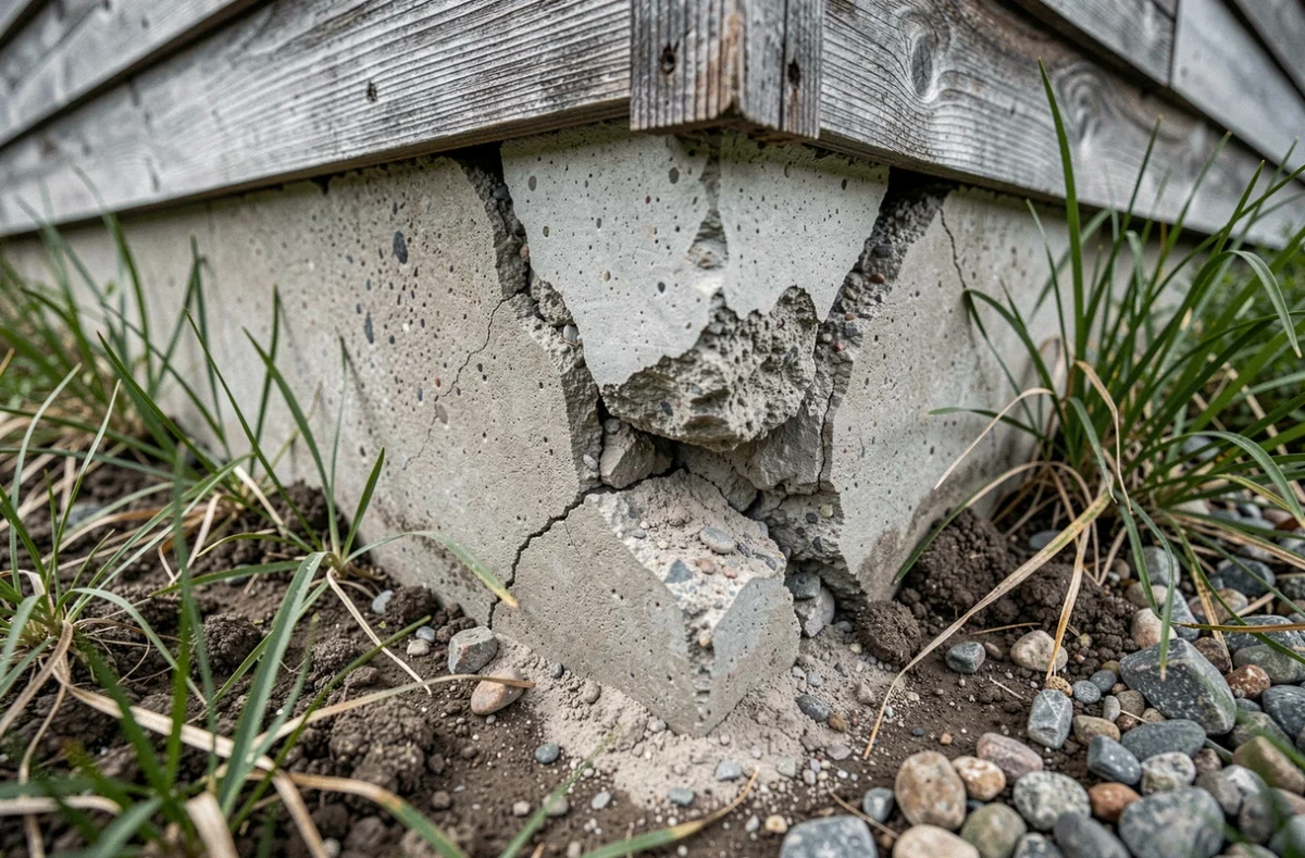 Fissures sévères sur le coin d'une fondation en béton avec affaissement visible et sol exposé en extérieur