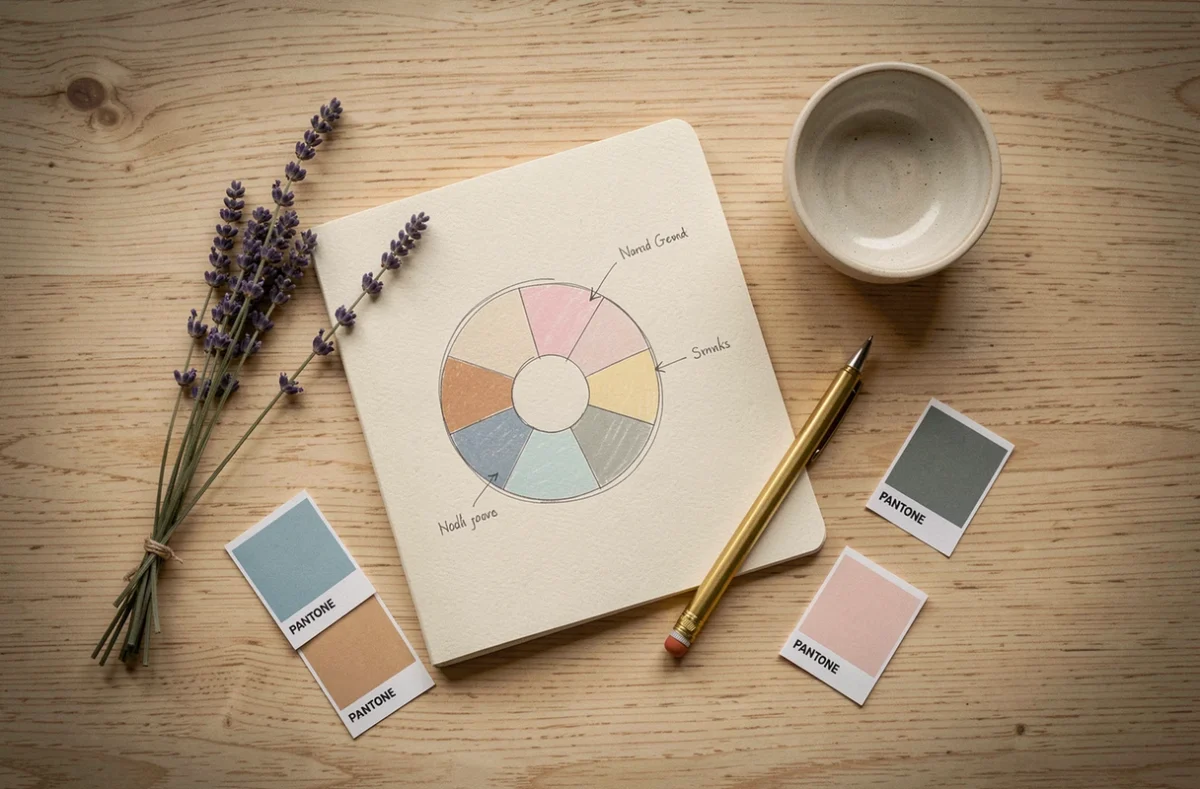 Flat-lay de carnets de design, échantillons Pantone et accessoires pour harmoniser les couleurs d'un séjour