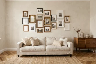 Composition de cadres dépareillés en bois, métal et dorure sur un mur blanc dans un salon scandinave moderne