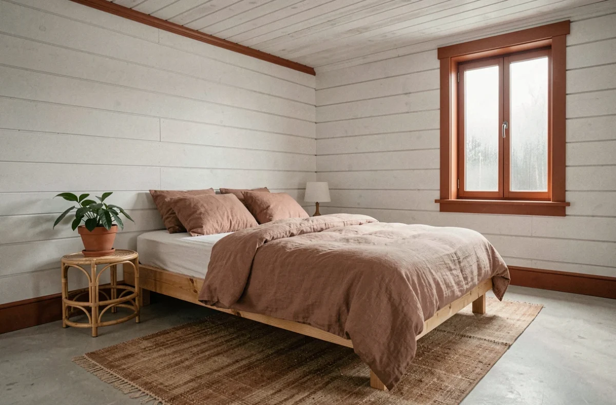 Chambre scandinave avec murs blancs en lambris et garniture terracotta autour des fenêtres et portes