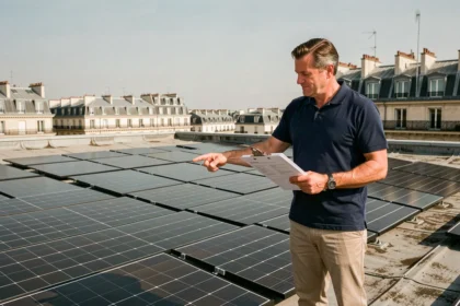 Gestionnaire de copropriété sur un toit parisien avec des panneaux solaires photovoltaïques installés