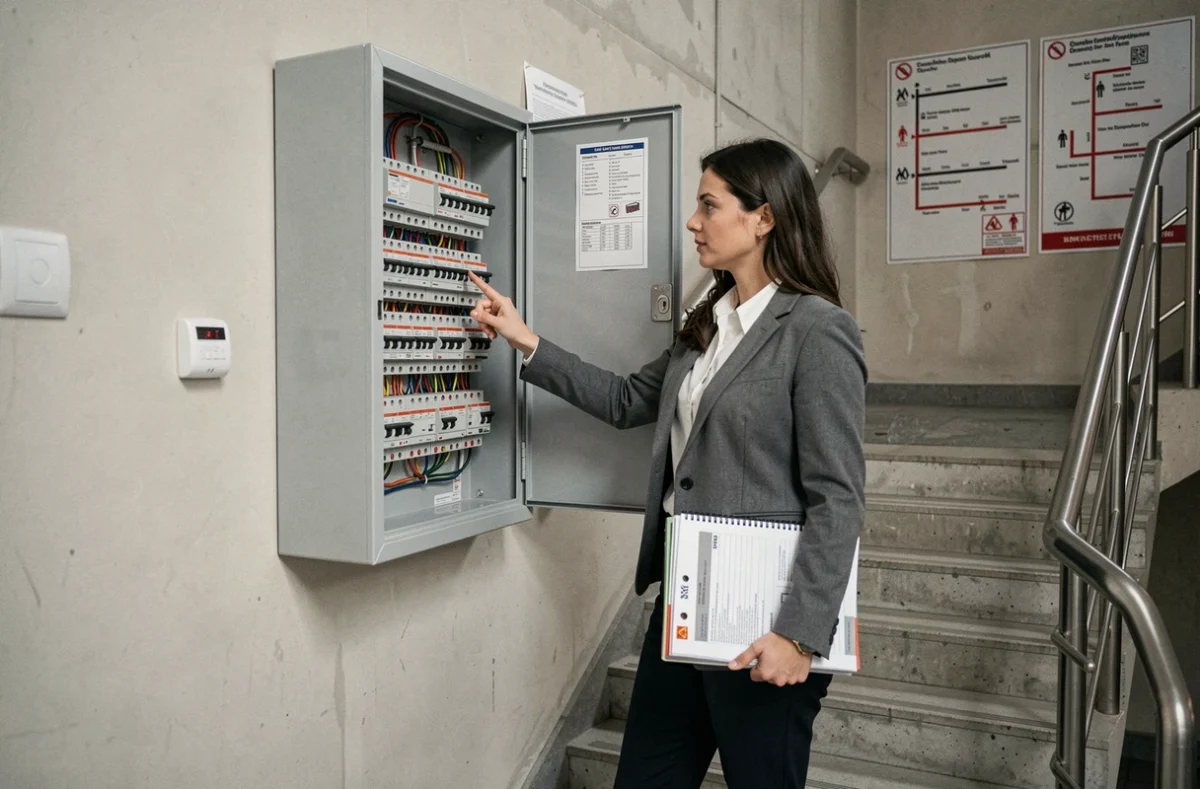 Gestionnaire d'immeuble vérifiant le tableau de contrôle incendie dans la cage d'escalier d'un bâtiment résidentiel
