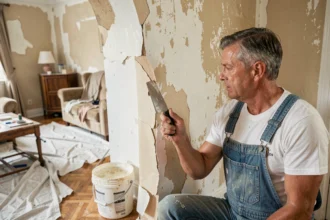 Homme en salopette grattant de la vieille peinture écaillée sur un mur intérieur avec un couteau à enduire lors de travaux de rénovation