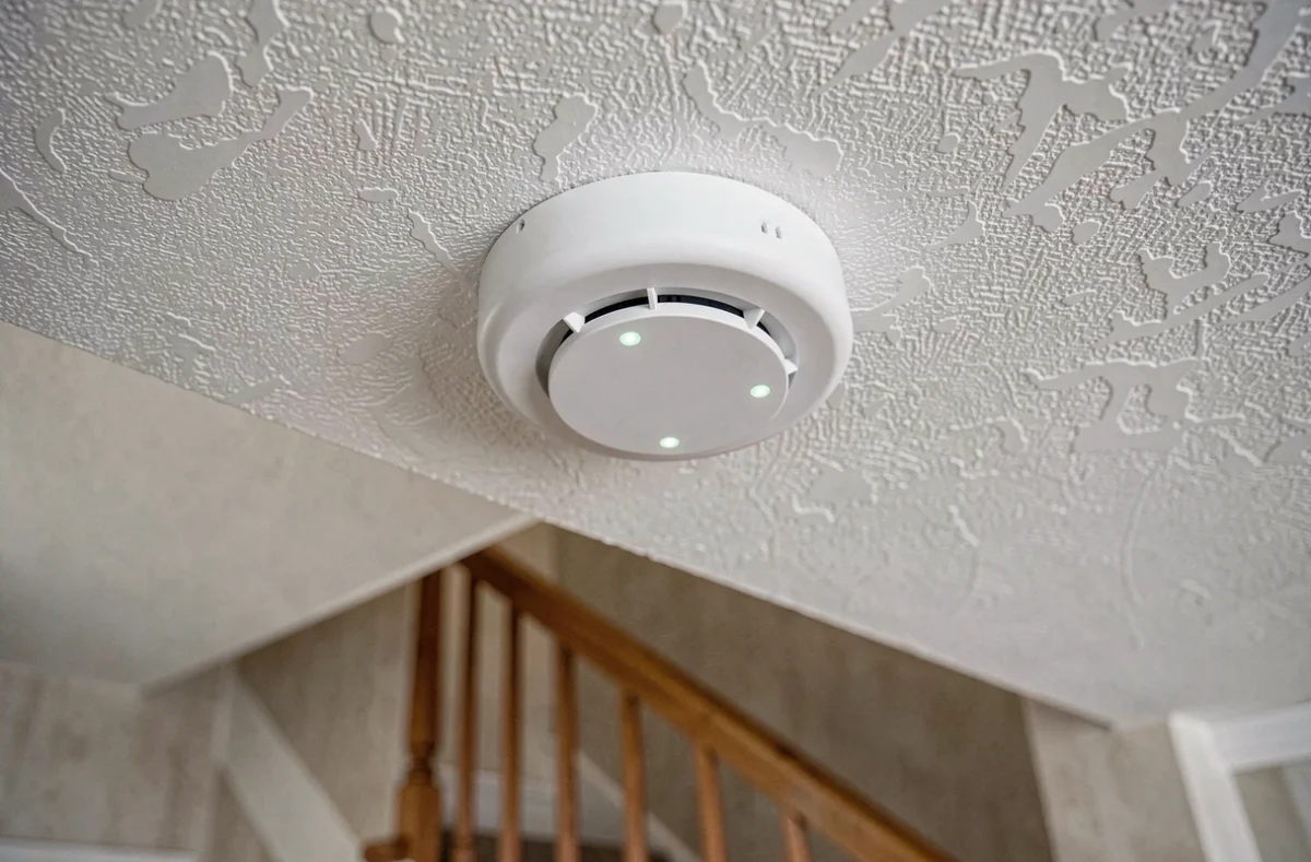 Gros plan sur un détecteur de fumée blanc fixé au plafond d'un couloir résidentiel moderne