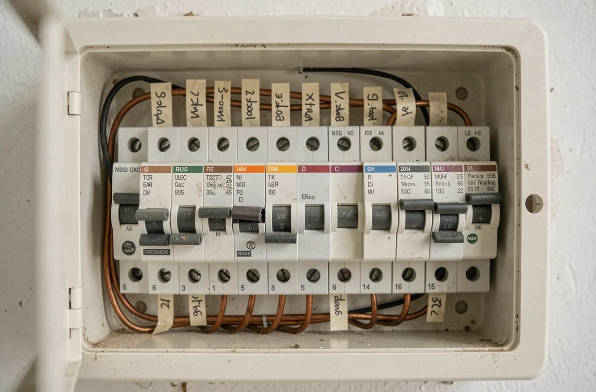 Gros plan sur un disjoncteur déclenché dans un tableau électrique domestique avec câblage apparent