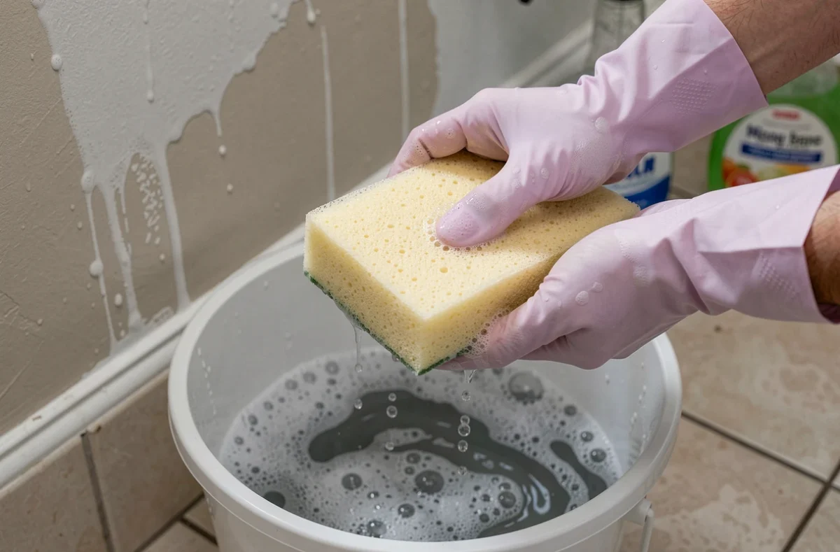 Gros plan sur des mains gantées essorant une éponge au-dessus d'un seau pour lessiver les murs