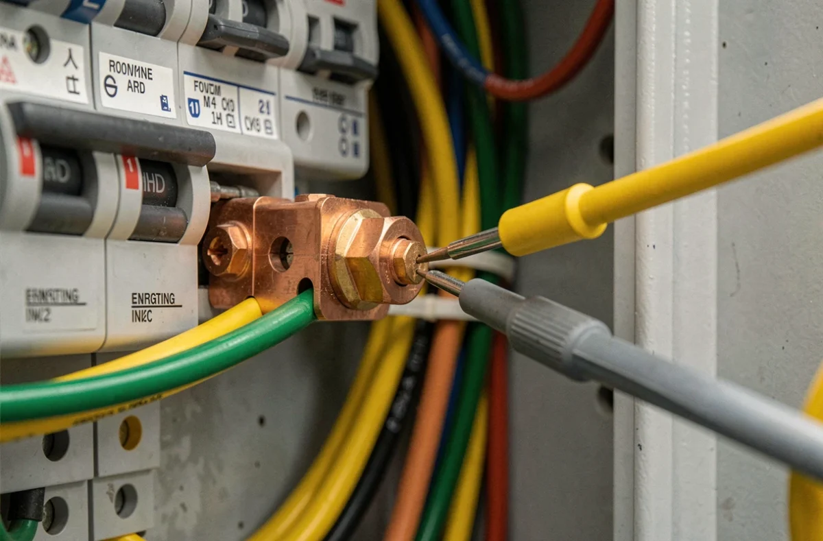 Gros plan sur un fil de terre jaune-vert connecté à une barre de mise à la terre dans un tableau électrique industriel avec sonde de multimètre