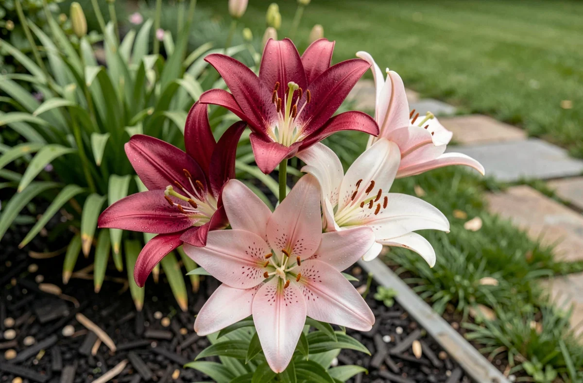 Gros plan sur des fleurs de lys orientaux en pleine floraison estivale dans un jardin avec un paillis sombre