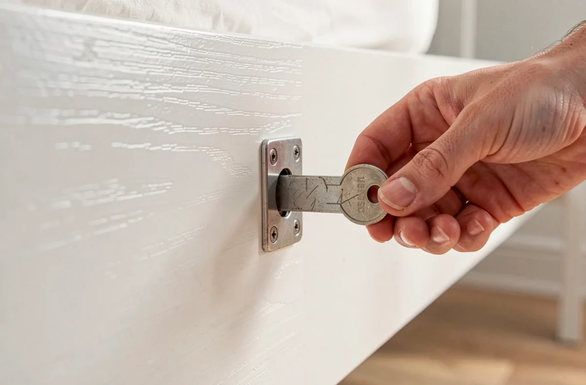 Gros plan sur la serrure et la clé d'un lit coffre en bois blanc avec mécanisme de verrouillage visible
