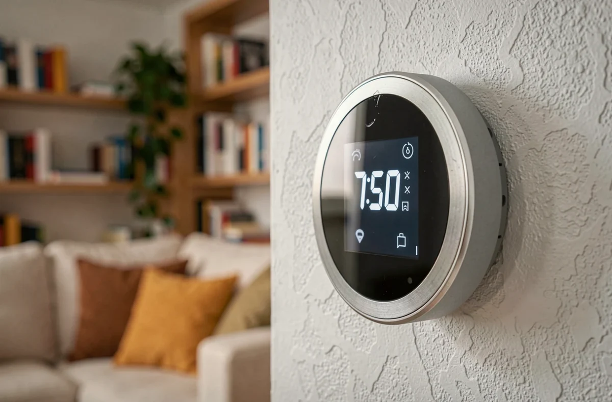 Gros plan sur un thermostat connecté installé dans un salon avec canapé et bibliothèque en arrière-plan