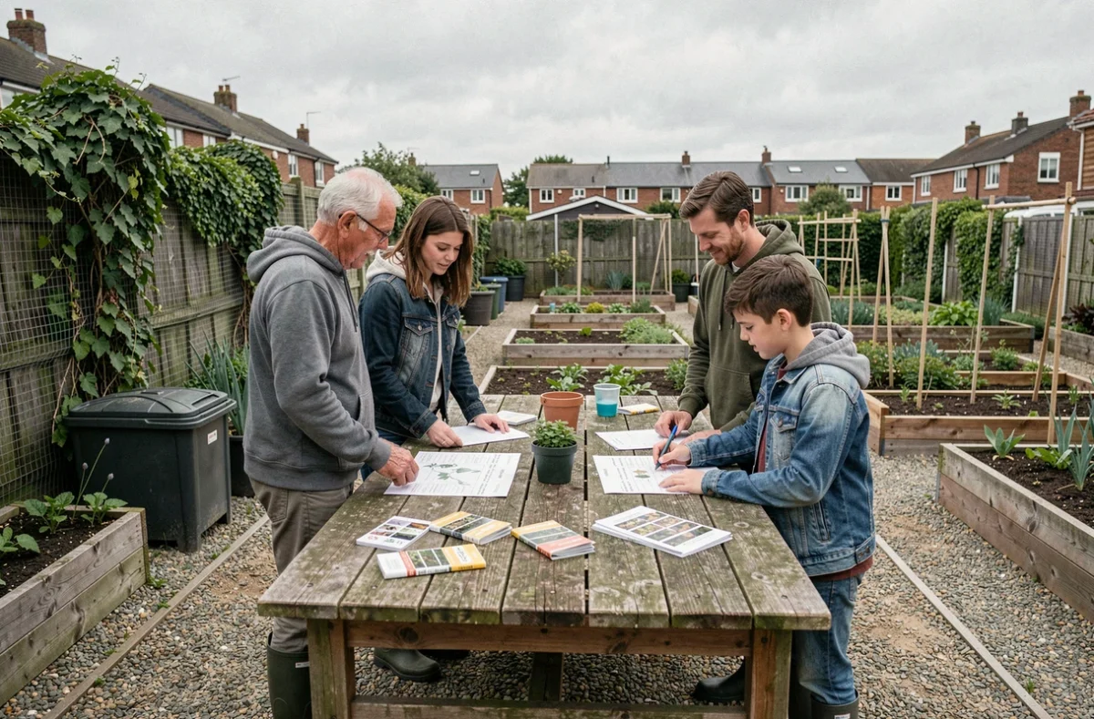 Groupe de voisins de différents âges réunis autour d'une table dans un jardin partagé de quartier résidentiel, consultant des plans de plantation et des sachets de graines