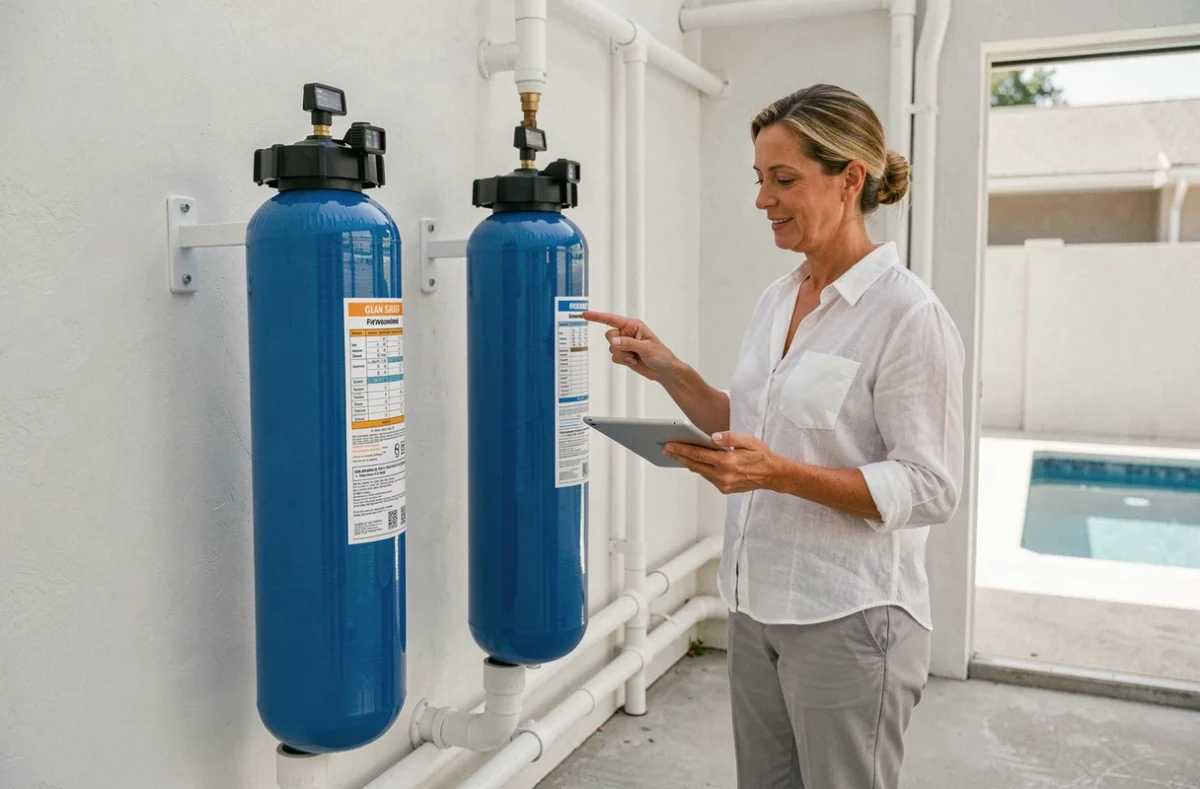 Femme consultant un guide de dosage devant des filtres de piscine dans un local technique