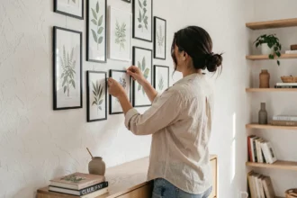 Femme accrochant des cadres botaniques sur un mur blanc dans un salon scandinave épuré