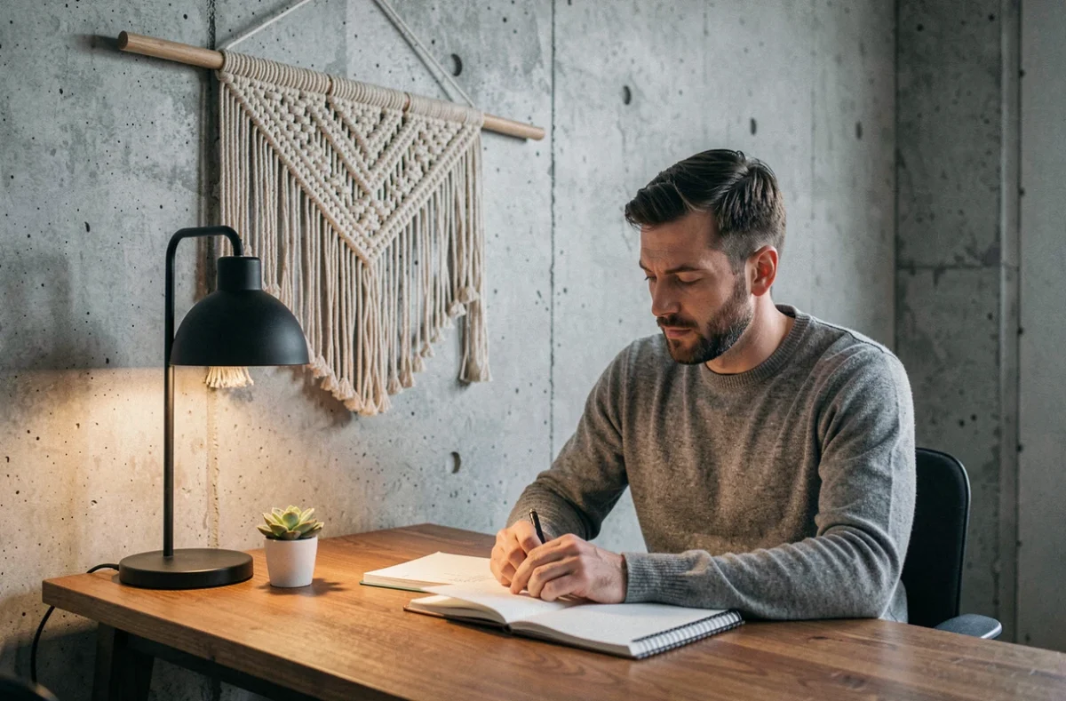 Homme travaillant dans un bureau à domicile décoré d'un grand macramé en coton sur mur en béton brut