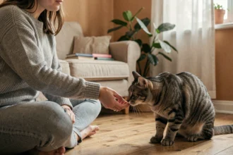 Femme assise sur le sol tendant la main vers un chat tigré qui s'approche prudemment pour la renifler, dans un appartement cosy